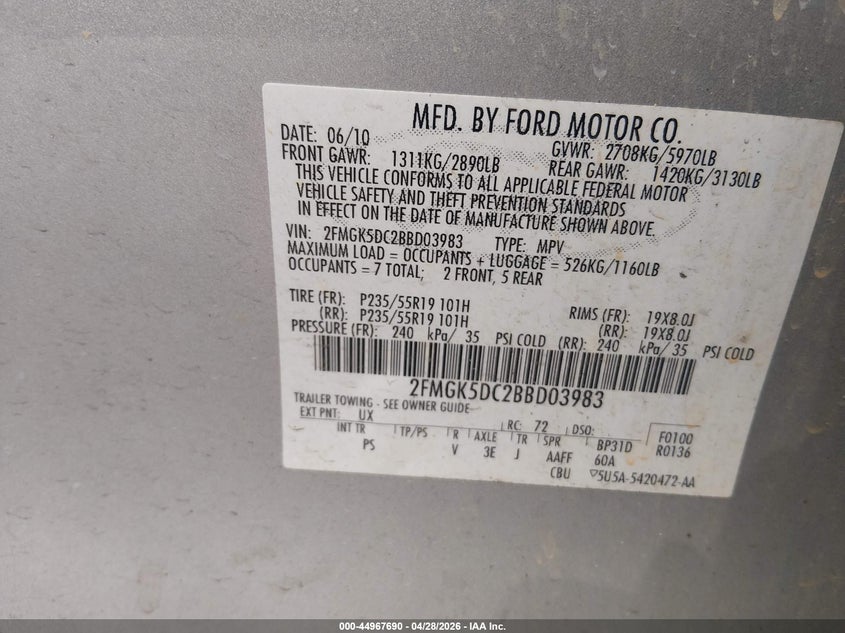 2011 Ford Flex 3.5 Limited silver Lot 111044967690 Vin 2FMGK5DC2BBD03983