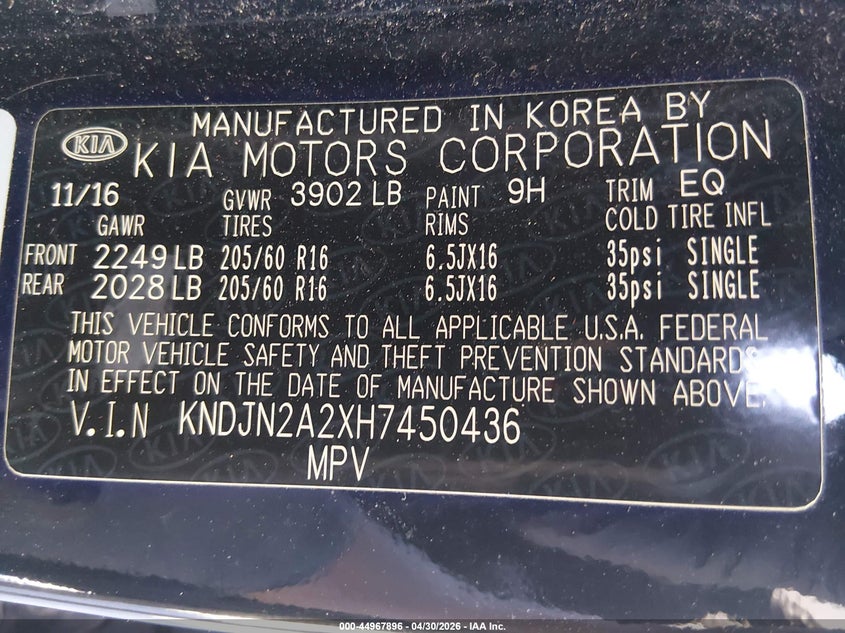 VIN KNDJN2A2XH7450436 2017 KIA SOUL