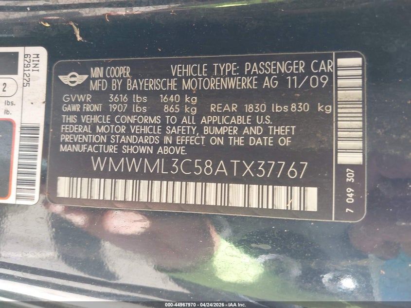 2010 Mini Cooper Clubman VIN: WMWML3C58ATX37767 Lot: 44967970