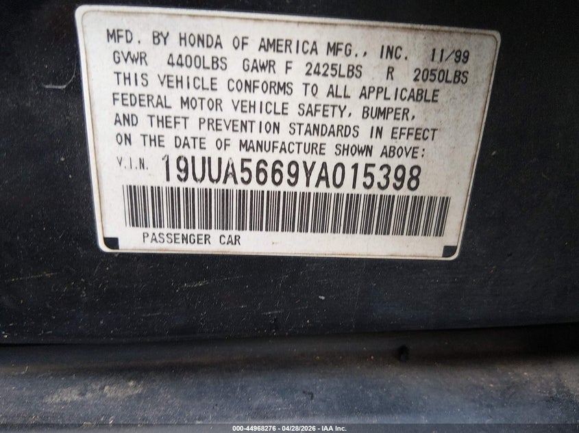 2000 Acura Tl 3.2 VIN: 19UUA5669YA015398 Lot: 44968276