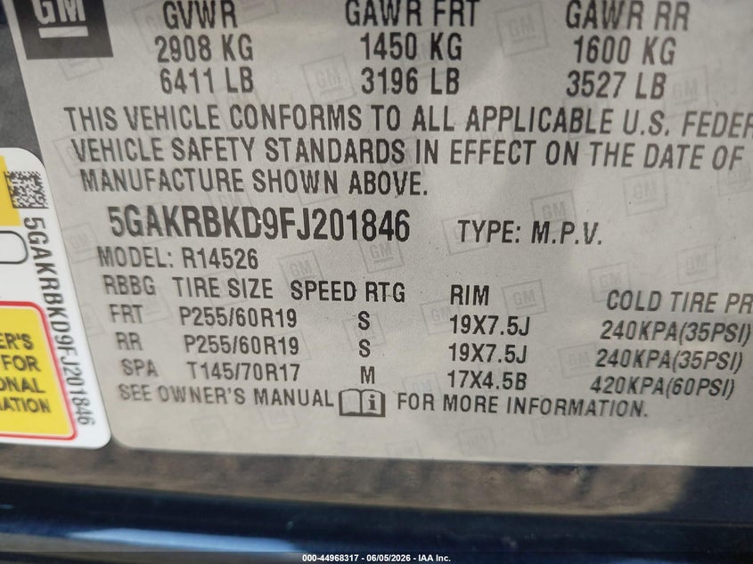 2015 Buick Enclave Leather VIN: 5GAKRBKD9FJ201846 Lot: 44968317