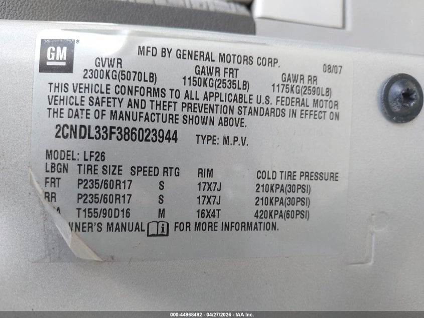 2008 CHEVROLET EQUINOX SPORT UTILITY VEHICLE 3.4L V-6 185HP