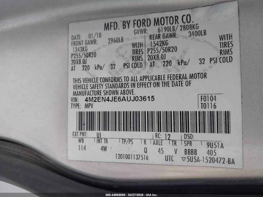 2010 Mercury Mountaineer Premier VIN: 4M2EN4JE6AUJ03615 Lot: 44968869