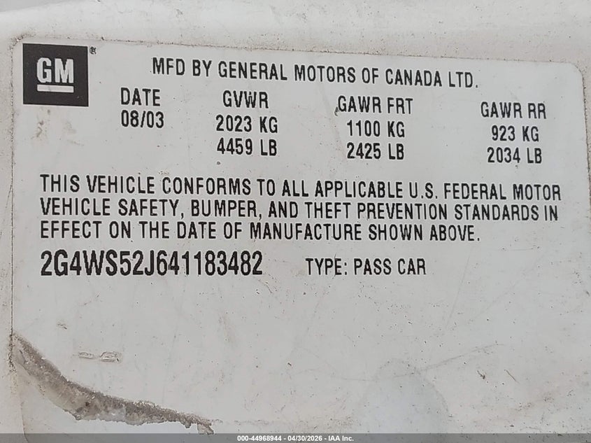 2004 Buick Century VIN: 2G4WS52J641183482 Lot: 44968944