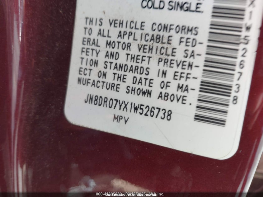 2001 Nissan Pathfinder Le/Se/Xe VIN: JN8DR07YX1W526738 Lot: 44969392