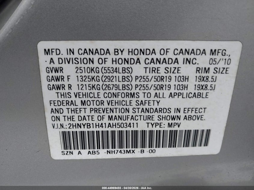 2010 Acura Zdx VIN: 2HNYB1H41AH503411 Lot: 44969455