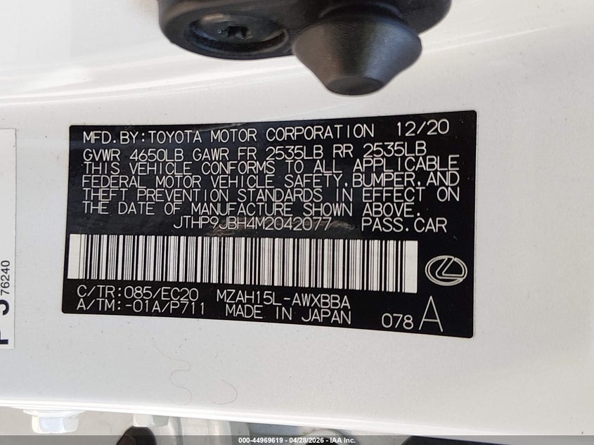 2021 Lexus Ux 250H VIN: JTHP9JBH4M2042077 Lot: 44969619