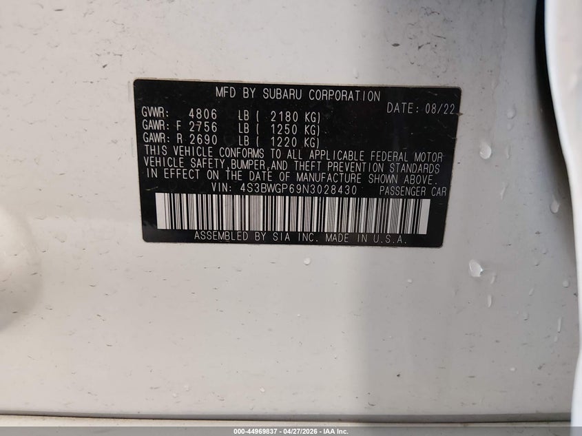 2022 Subaru Legacy Touring Xt VIN: 4S3BWGP69N3028430 Lot: 44969837