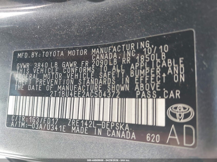 2010 Toyota Corolla 1.8 S Grey Lot 111044969886 Vin 2T1BU4EE2AC504372