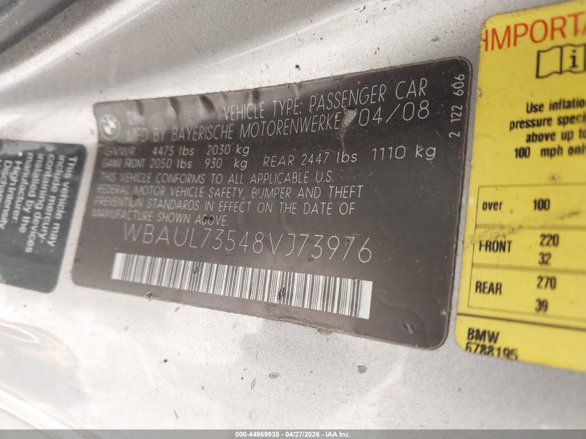 2008 BMW 128I VIN: WBAUL73548VJ73976 Lot: 44969935