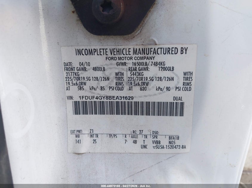 2011 Ford F-450 Chassis Xl VIN: 1FDUF4GY8BEA31629 Lot: 44970188