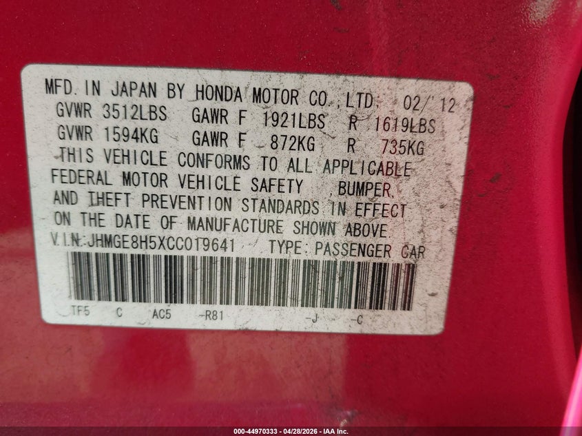 HONDA FIT 2012 VIN JHMGE8H5XCC019641