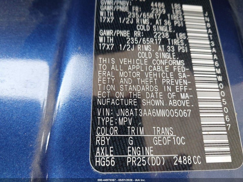 2021 NISSAN ROGUE 2.5L I-4 DI, DOHC, V(VIN: JN8AT3AA6MW005067