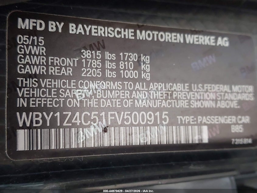 2015 BMW I3 Base W/Range Extender VIN: WBY1Z4C51FV500915 Lot: 44970429
