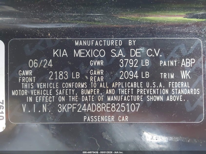 2024 KIA FORTE 2.0L I-4 DOHC, VVT, (VIN: 3KPF24AD8RE825107