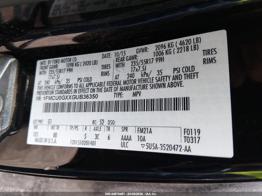 2016 FORD ESCAPE SPORT UTILITY VEHICLE 1.6L I-4 DI, DOHC, VVT, TURBO, 178HP
