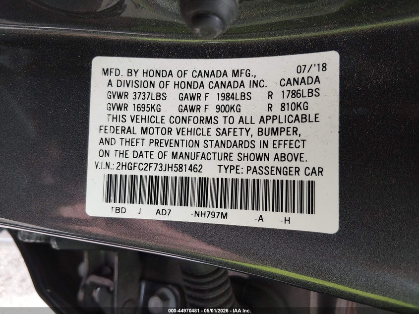 2018 HONDA CIVIC SEDAN 2.0L I-4 DOHC, VVT, 158HP