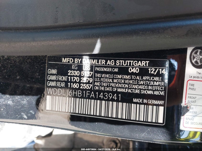 2015 Mercedes-Benz Cls 400 4Matic VIN: WDDLJ6HB1FA143941 Lot: 44970664