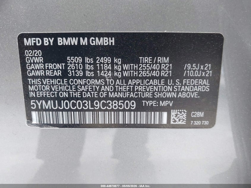 2020 BMW X4 M VIN: 5YMUJ0C03L9C38509 Lot: 44970877