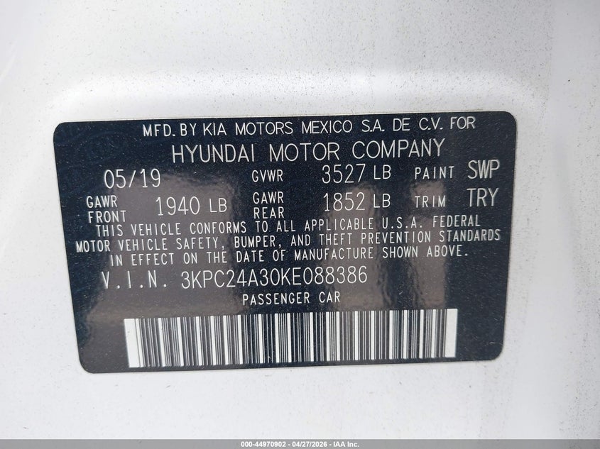 2019 Hyundai Accent Se VIN: 3KPC24A30KE088386 Lot: 44970902