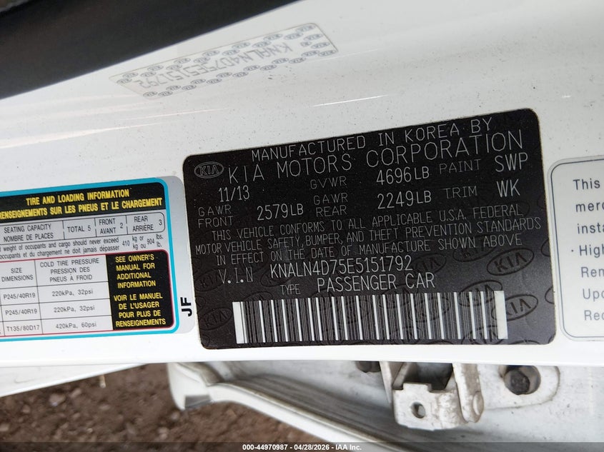 2014 Kia Cadenza Limited VIN: KNALN4D75E5151792 Lot: 44970987