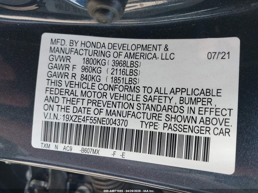 2022 Honda Insight Ex VIN: 19XZE4F55NE004370 Lot: 44971085