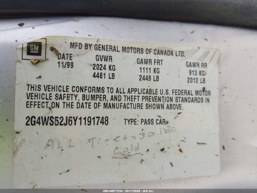 2000 Buick Century Custom VIN: 2G4WS52J6Y1191748 Lot: 44971234