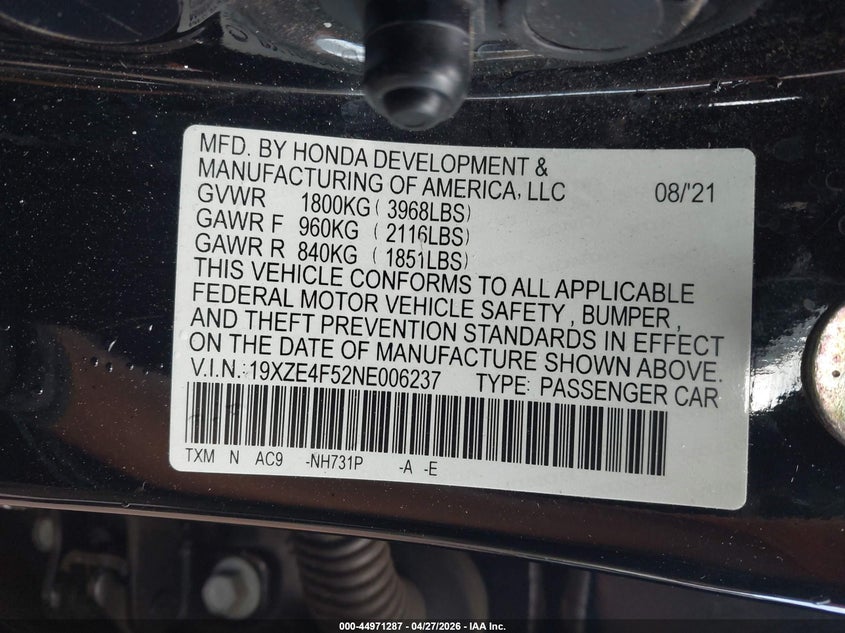 2022 Honda Insight Ex VIN: 19XZE4F52NE006237 Lot: 44971287