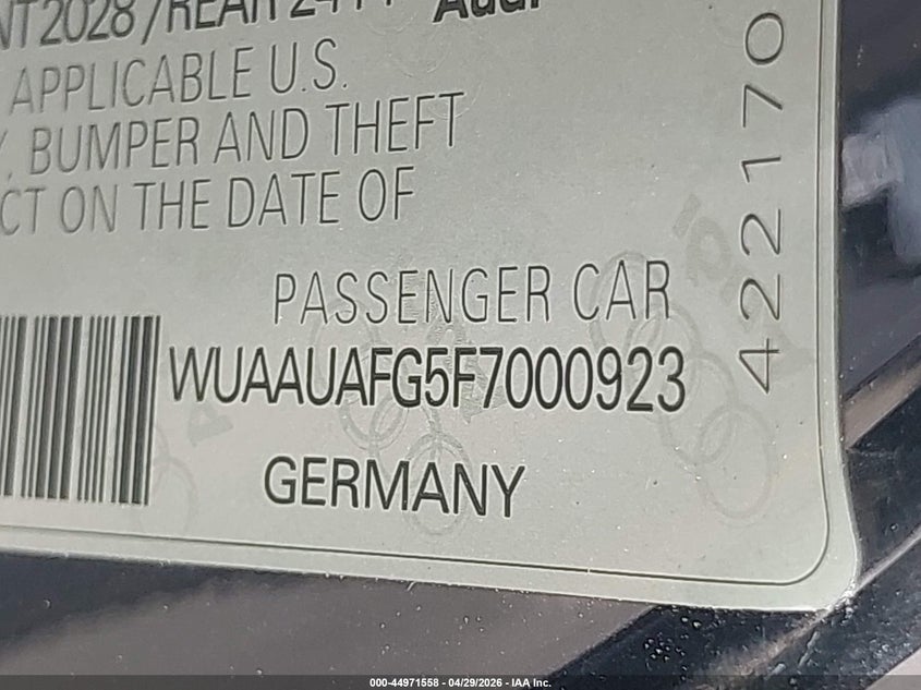 2015 Audi R8 4.2 VIN: WUAAUAFG5F7000923 Lot: 44971558