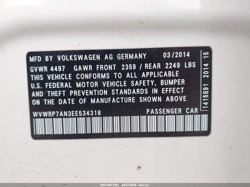 2014 Volkswagen Cc 2.0T Executive VIN: WVWRP7AN3EE534318 Lot: 44971581