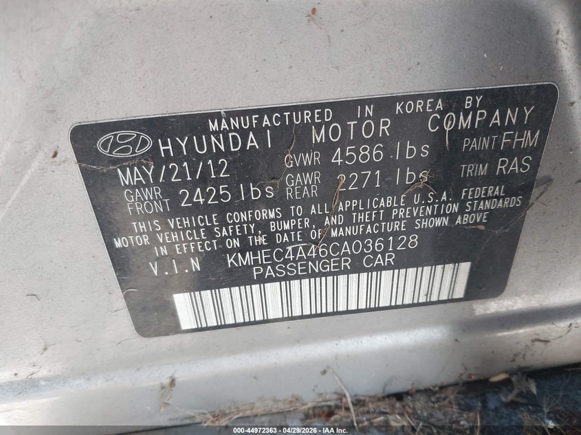 2012 Hyundai Sonata 2.4 Hybrid silver Lot 111044972363 Vin KMHEC4A46CA036128