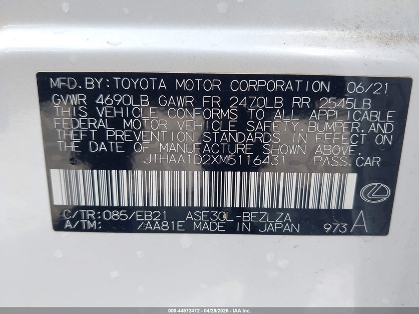 2021 Lexus Is 300 VIN: JTHAA1D2XM5116431 Lot: 44972472