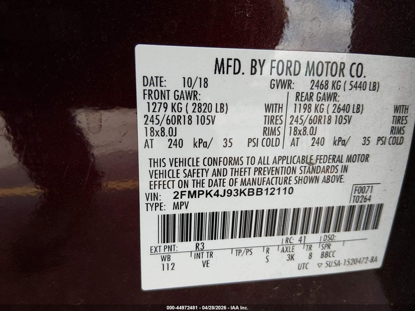 VIN 2FMPK4J93KBB12110 2019 FORD EDGE SEL