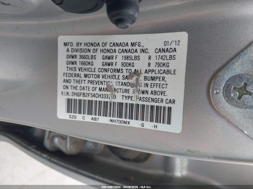 2HGFB2F54CH333709 2012 Honda Civic 1.8 Lx silver