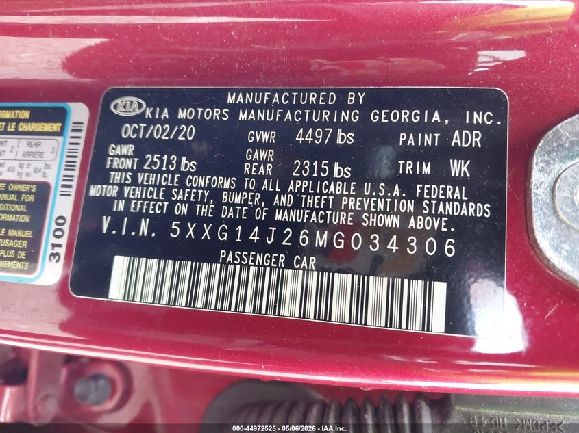 2021 KIA K5 1.6L I-4 DI, DOHC, V(VIN: 5XXG14J26MG034306