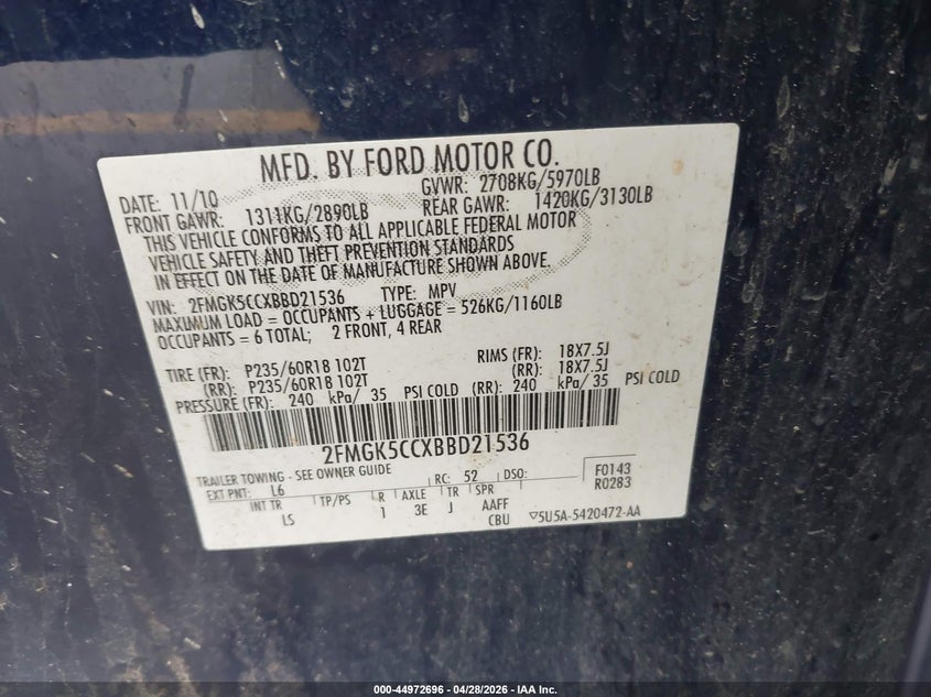 2011 FORD FLEX SPORT UTILITY VEHICLE 3.5L V-6 DOHC, VVT, 262HP