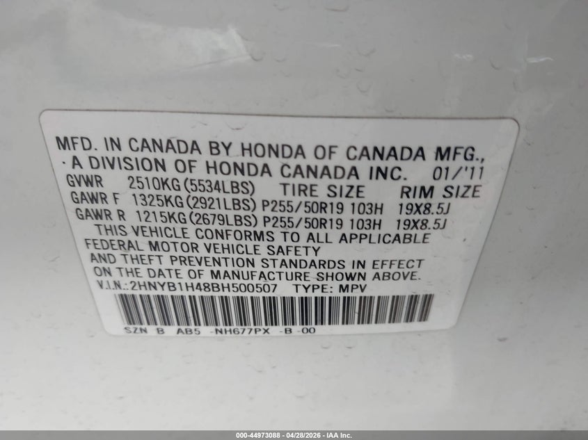 2011 Acura Zdx VIN: 2HNYB1H48BH500507 Lot: 44973088