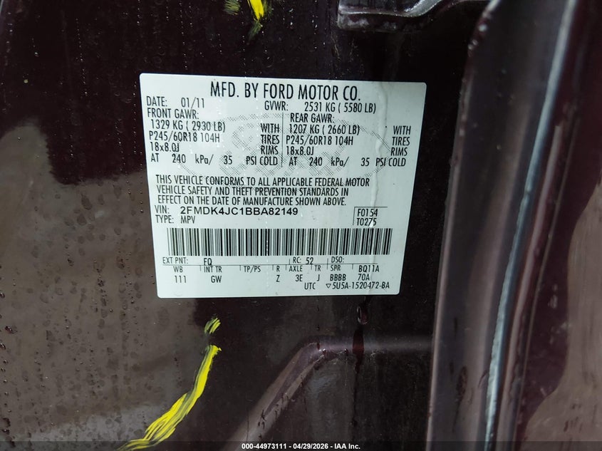 2011 Ford Edge 3.5 Sel brown Lot 111044973111 Vin 2FMDK4JC1BBA82149