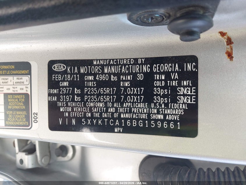 2011 Kia Sorento Lx VIN: 5XYKTCA16BG159661 Lot: 44973251