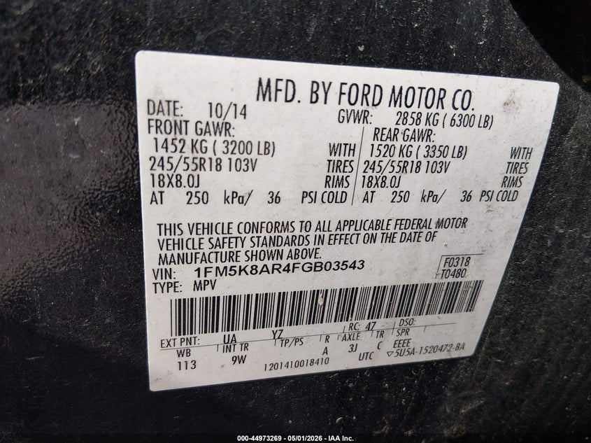 Vin: 1fm5k8ar4fgb03543, lot: 45470692, ford utility police interceptor 20154