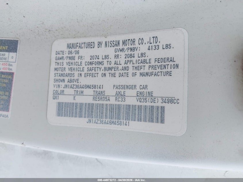 2006 Nissan 350Z Touring VIN: JN1AZ36A46M458141 Lot: 44973272