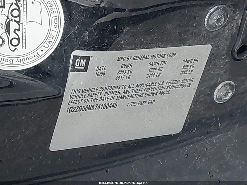 2007 Pontiac G6 VIN: 1G2ZG58N574180440 Lot: 44973376