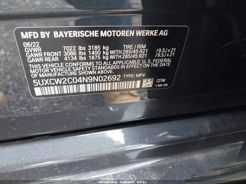 2022 BMW X7 xDrive40I VIN: 5UXCW2C04N9N02692 Lot: 44973652