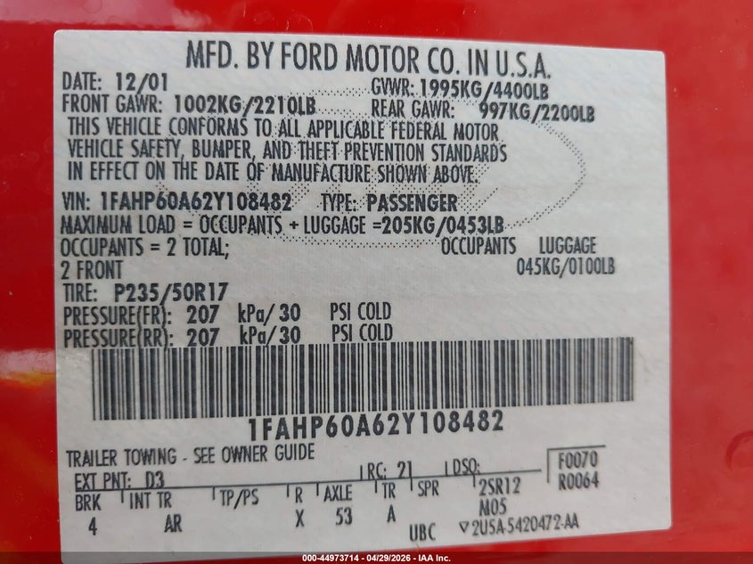 2002 Ford Thunderbird VIN: 1FAHP60A62Y108482 Lot: 44973714