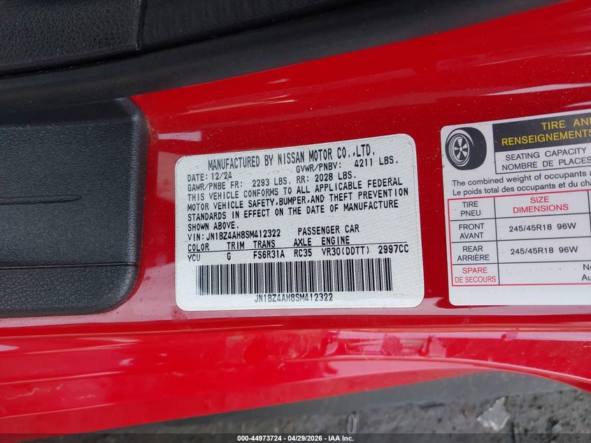 2025 Nissan Z Sport Manual Transmission VIN: JN1BZ4AH8SM412322 Lot: 44973724