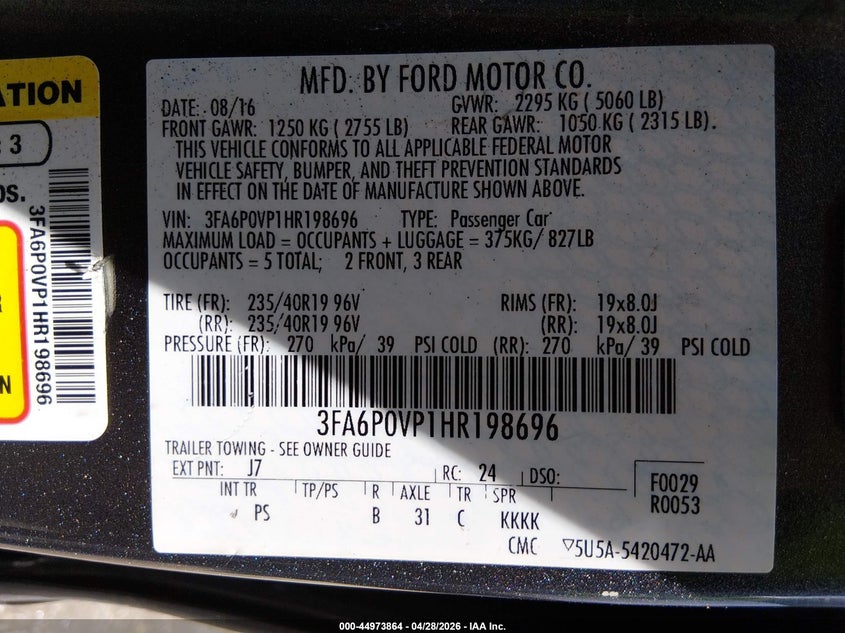 2017 FORD FUSION SEDAN 2.7L V-6 DI, DOHC, VVT, TURBO, 325HP