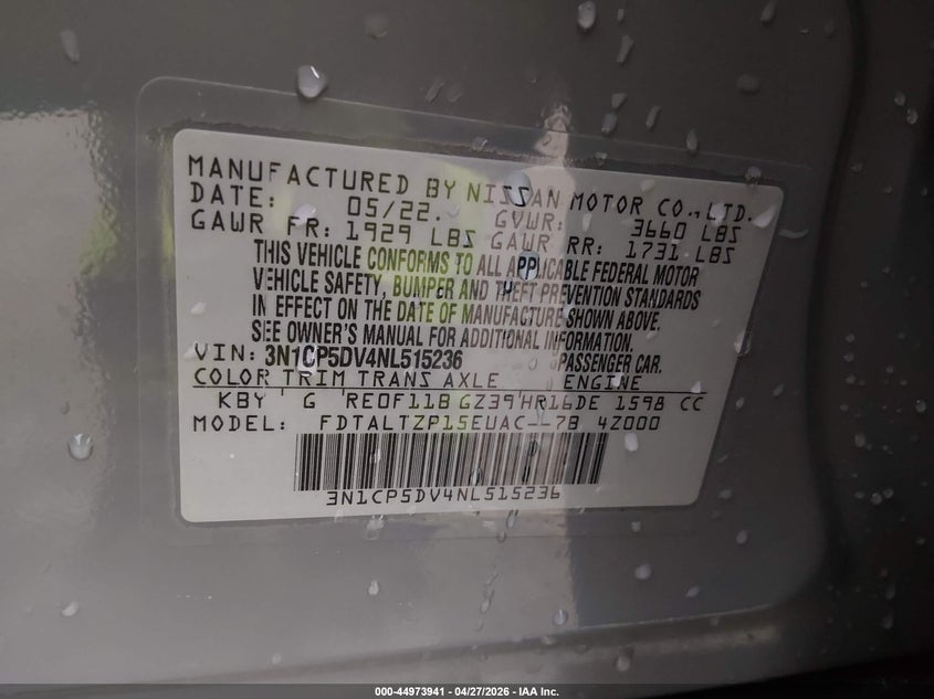 VIN 3N1CP5DV4NL515236 2022 NISSAN KICKS SR XTRONIC CVT