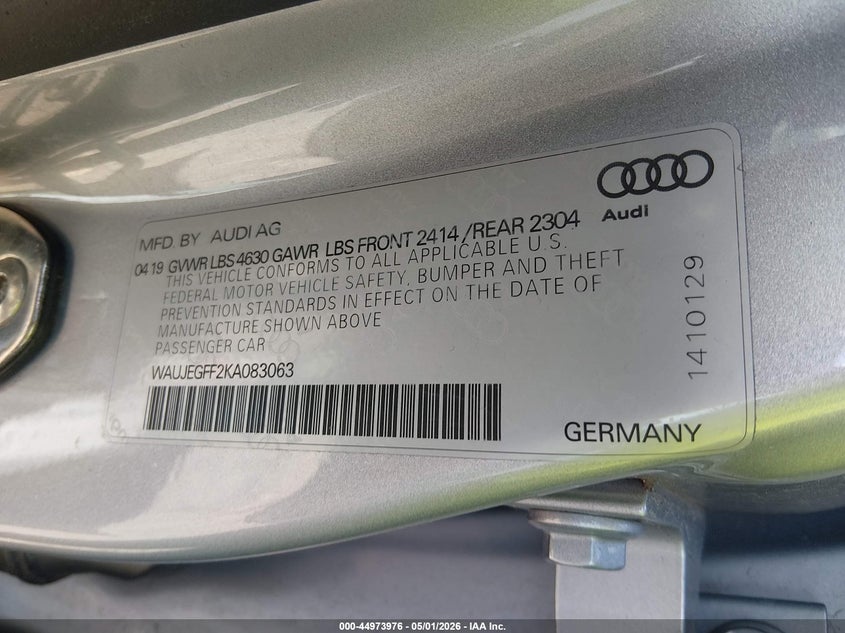 VIN: WAUJEGFF2KA083063 2019 AUDI A3 45 PREMIUM