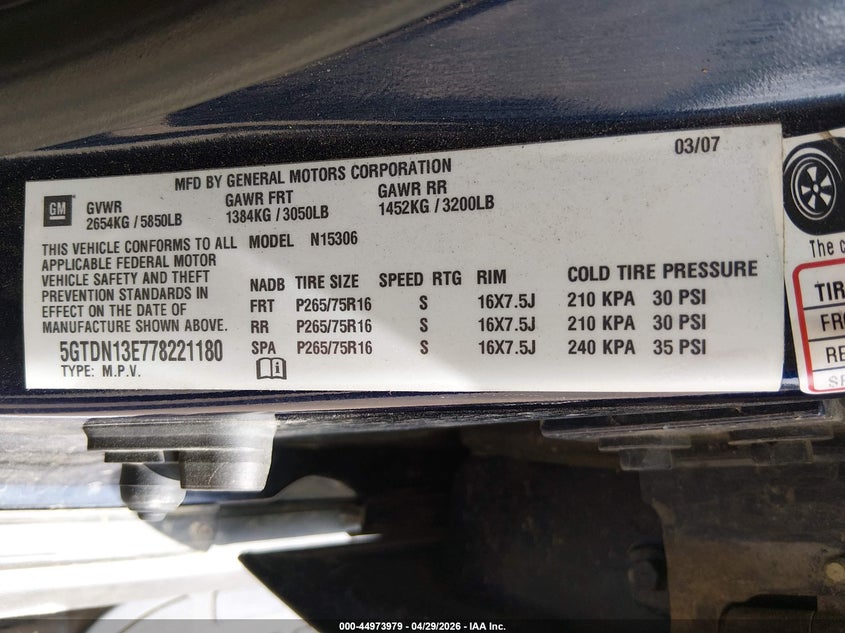 2007 Hummer H3 Suv VIN: 5GTDN13E778221180 Lot: 44973979