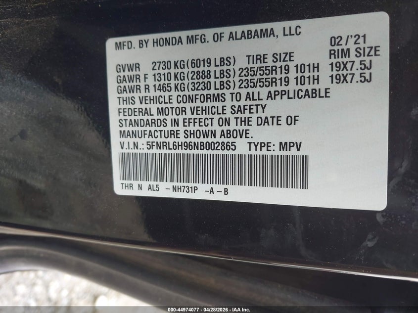 2022 Honda Odyssey Elite VIN: 5FNRL6H96NB002865 Lot: 44974077